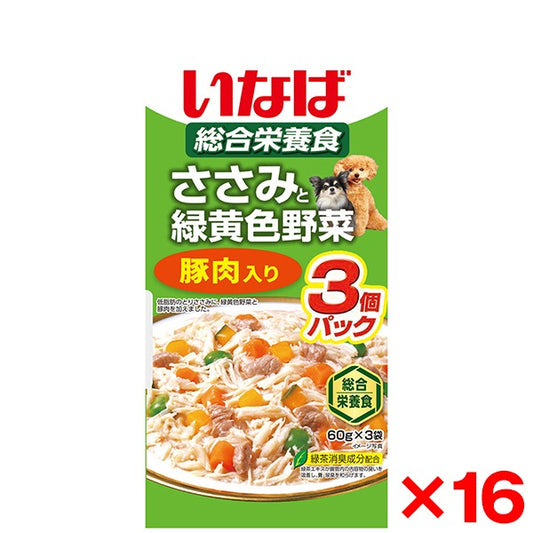 <a href="https://www.qoo10.jp/gmkt.inc/Search/brand.aspx?brandno=77771" target="_blank" class="title_brand" id="btn_brand" title="いなばペットフード">いなばペットフード</a>16個セット いなば ささみと緑黄色野菜 豚肉入り 60g×3