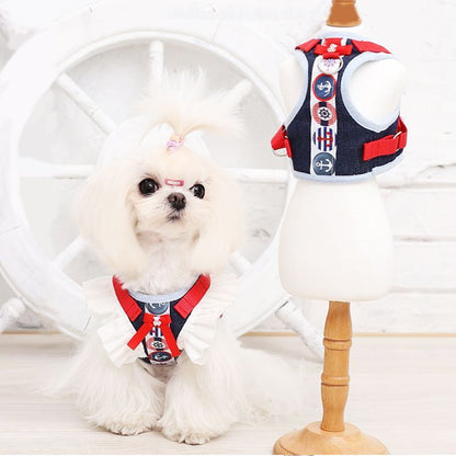 デニム風の犬の牽引紐のベスト式の飛袖の犬の牽引は胸のベルトのテディの熊の服を防ぎます メガ割ワンピースパンツトートバッグ