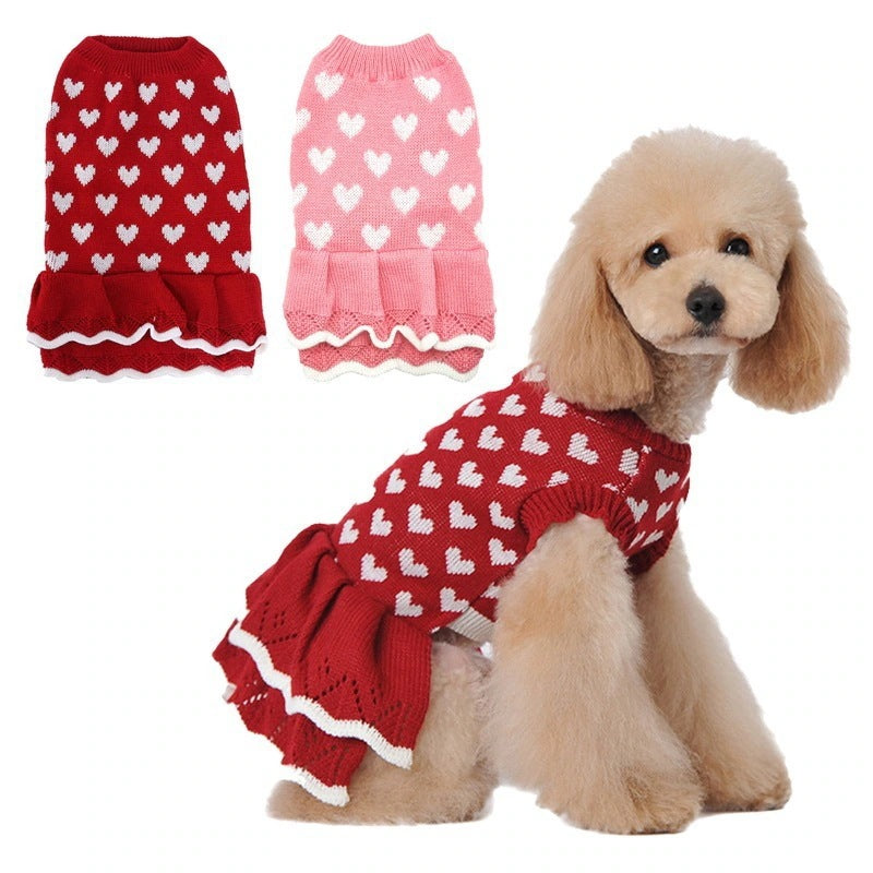 人気 可愛い ペット服 秋冬暖かいレッドピンクハート犬の服セータースカート休日クリスマス新年ペット服