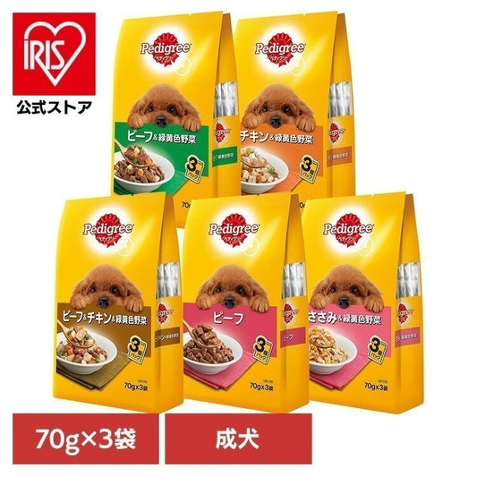 <a href="https://www.qoo10.jp/gmkt.inc/Search/brand.aspx?brandno=44601" target="_blank" class="title_brand" id="btn_brand" title="ペディグリー">ペディグリー</a>ドッグフード Pedigree ペディグリー 成犬用 パウチ 70g×3袋 P115 マースジャパンリミテッド