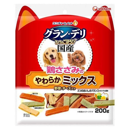 <a href="https://www.qoo10.jp/gmkt.inc/Search/brand.aspx?brandno=18151" target="_blank" class="title_brand" id="btn_brand" title="ユニ・チャーム">ユニ・チャーム</a>グラン・デリ きょうのごほうび 鶏ささみのやわらかミックス 野菜・チーズ入り 200g