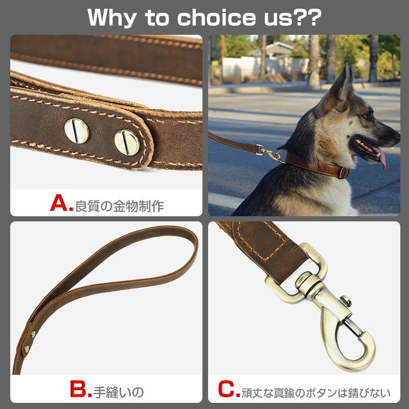本革子犬リード手作り第一層両面牛革犬バックルポータブルペット犬のリード犬 リード 本革 肩掛けリード ショルダーリード おすすめ 多機能リード ハンズフリー 犬 リード2cm*113.5cm 長い