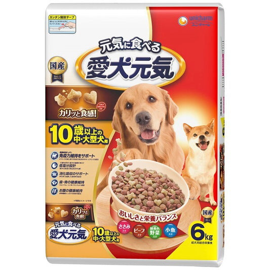 <a href="https://www.qoo10.jp/gmkt.inc/Search/brand.aspx?brandno=18151" target="_blank" class="title_brand" id="btn_brand" title="ユニ・チャーム">ユニ・チャーム</a>愛犬元気 10歳以上の中大型犬用ささみビーフ緑黄色野菜小魚入り 6kg