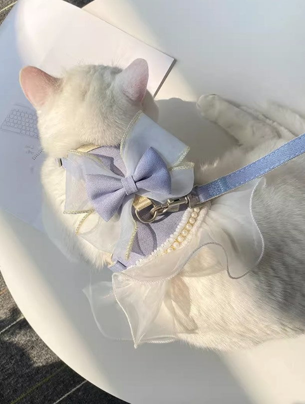 タイムセール 散歩出かけなどに大活躍！猫用 犬用 パールリボン レース パール ハーネス リード付き 可愛い ひらひら オーガンジーレース 切替 蝶結び リボン ワンピース 小型犬散歩出かけなどに