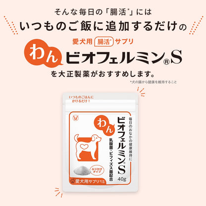 <a href="https://www.qoo10.jp/gmkt.inc/Search/brand.aspx?brandno=62316" target="_blank" class="title_brand" id="btn_brand" title="大正製薬">大正製薬</a>【公式】大正製薬 わんビオフェルミンS 40g 6袋 犬 サプリ サプリメント 腸活 免疫力 健康維持 ビフィズス菌 乳酸菌 犬サプリ イヌ 犬用 ペット 腸活サプリ 無添加 ふりかけ 粉 腸内環境