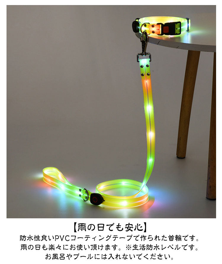【送料無料】犬 リードセット 光る ペット用 首輪 リード LED光るリード 光る首輪 光るリード　USB充電式 サイズ調整可能 リード長さ120cm 夜間散歩 柔らかい 無臭 夜散歩ライト 軽量 対