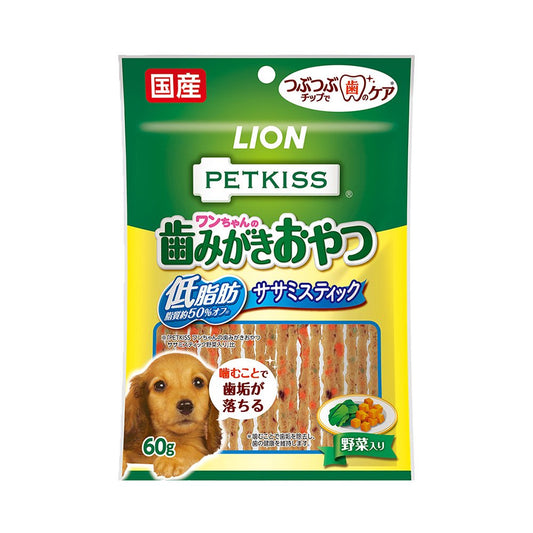 <a href="https://www.qoo10.jp/gmkt.inc/Search/brand.aspx?brandno=14433" target="_blank" class="title_brand" id="btn_brand" title="ライオン">ライオン</a>ペットキッス　ＰＥＴＫＩＳＳ　ワンちゃんの歯みがきおやつ　低脂肪ササミスティック　野菜入り　６０ｇ　犬　歯磨き　おやつ　ＣＲＣ45―14―03―06―01