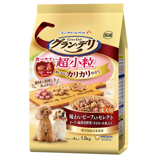 <a href="https://www.qoo10.jp/gmkt.inc/Search/brand.aspx?brandno=18151" target="_blank" class="title_brand" id="btn_brand" title="ユニ・チャーム">ユニ・チャーム</a>グラン・デリ カリカリ仕立て 成犬用 食べやすい超小粒 1.5kg