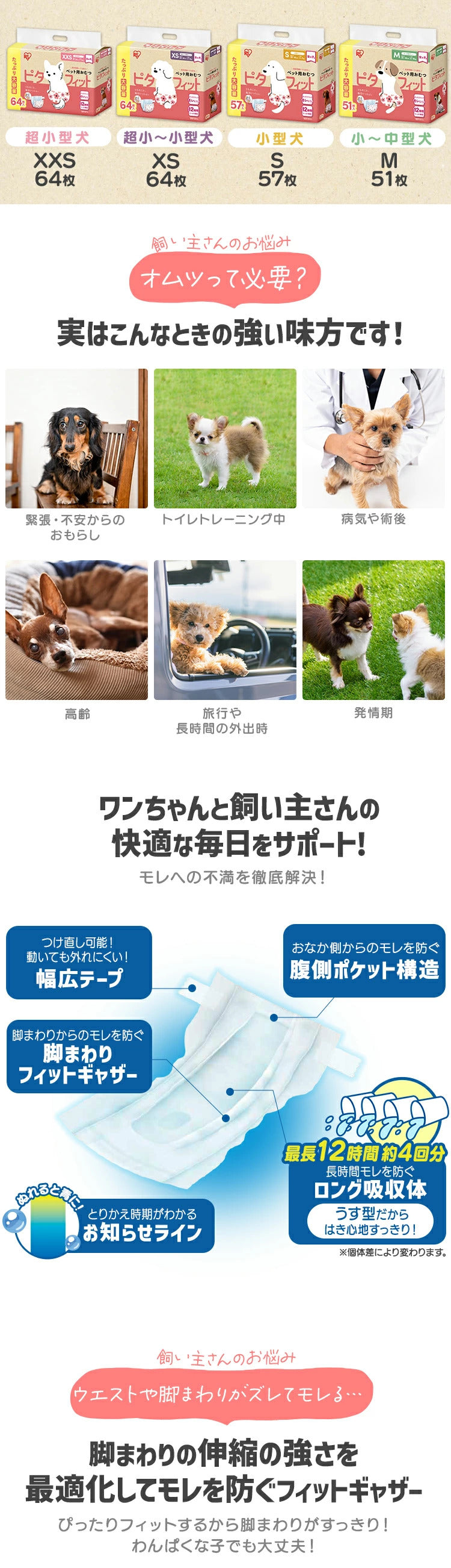 <a href="https://www.qoo10.jp/gmkt.inc/Search/brand.aspx?brandno=49458" target="_blank" class="title_brand" id="btn_brand" title="アイリスオーヤマ">アイリスオーヤマ</a>【公式】6袋まとめ買い／ ペットオムツ 最大4回分吸収 超小型犬 中型犬 ペット用 紙おむつ 猫 介護 粗相 生理 マナー PitaFit NPD * 送料無料