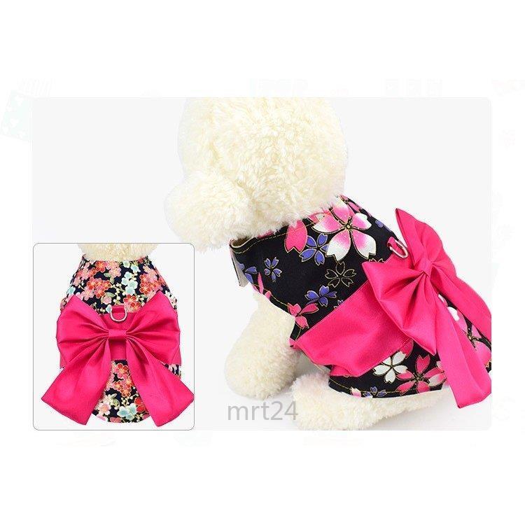 ドッグウェア 犬服 リード付き 着物風 和服風 和風 花柄 桜 薔薇 蝶 チョウ リボン帯 レトロ