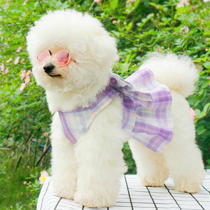 犬服 春 夏 ハーネス チェック柄 制服 JK ワンピース 2点セット 可愛い ドッグウエア 小型犬 中型犬 着脱簡単 引っ張り防止 おしゃれ リード付き お散歩 お出かけ メッシュ 胴輪 ウェアハー