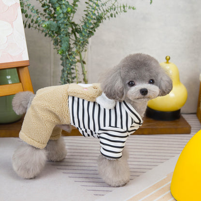 人気犬の服ペットの服小型犬や猫は秋と冬に着用することができます暖かく快適なストライプ刺繍クマ四本足の綿のコート