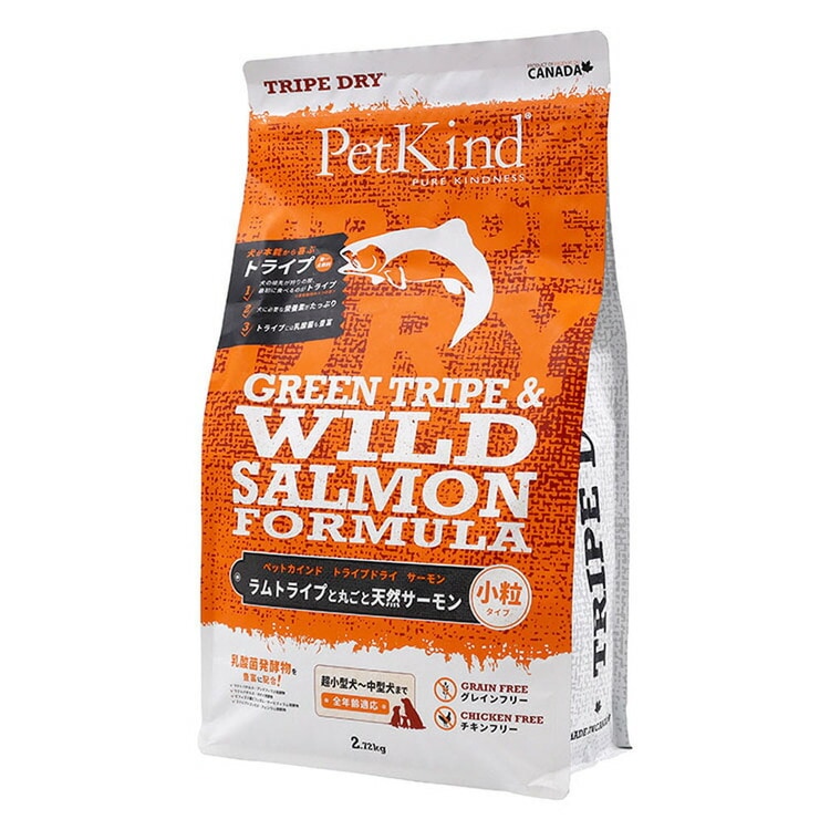 <a href="https://www.qoo10.jp/gmkt.inc/Search/brand.aspx?brandno=120567" target="_blank" class="title_brand" id="btn_brand" title="PetKind">PetKind</a>【人気商品】ドッグフード 犬 フード グリーントライプ＆ワイルドサーモン 小粒2.72kg ペットカインド (B)
