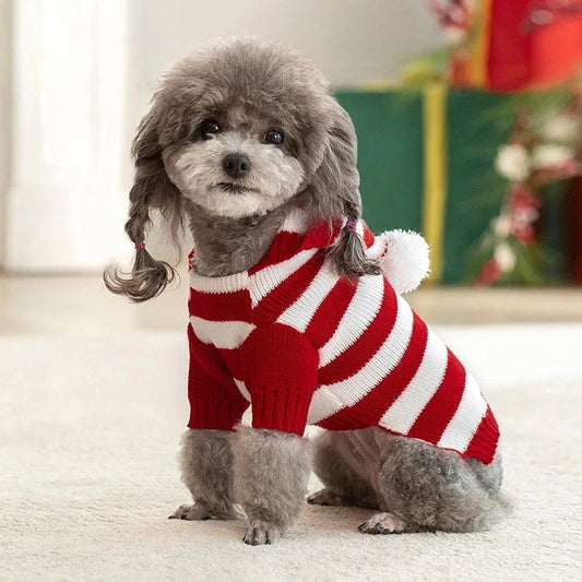 人气新作ホット冬ペット セーター クリスマス小型および中型犬ストライプ フード付きセーター ニット ペット服