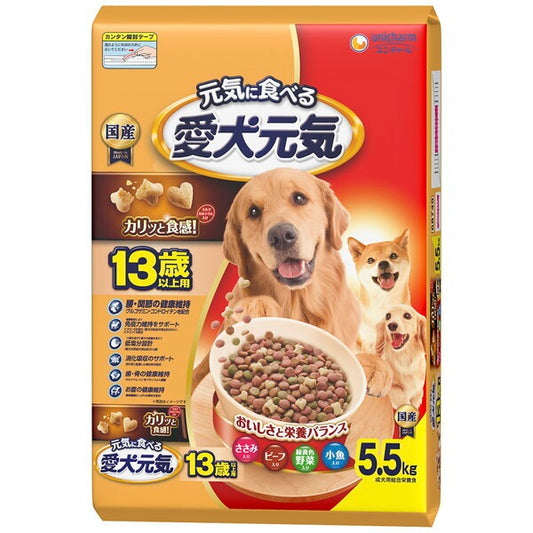 <a href="https://www.qoo10.jp/gmkt.inc/Search/brand.aspx?brandno=18151" target="_blank" class="title_brand" id="btn_brand" title="ユニ・チャーム">ユニ・チャーム</a>愛犬元気 13歳以上用ささみビーフ緑黄色野菜小魚入り 5.5kg