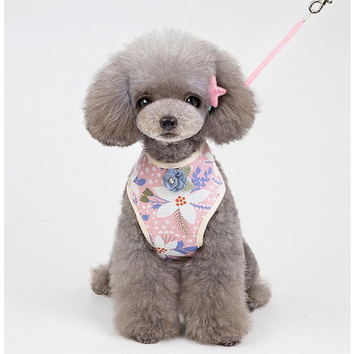 キャット ハーネス 犬 メッシュ リード付 ドッグ リボン ラインストーン コサージュ 胴輪 フラワー ウェアハーネス ペット