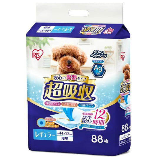 <a href="https://www.qoo10.jp/gmkt.inc/Search/brand.aspx?brandno=49458" target="_blank" class="title_brand" id="btn_brand" title="アイリスオーヤマ">アイリスオーヤマ</a>ペットシーツ 厚型 超吸収 抗菌 消臭 小型犬 12時間交換不要 レギュラー 88枚入
