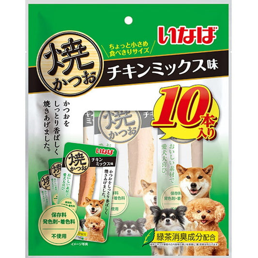 <a href="https://www.qoo10.jp/gmkt.inc/Search/brand.aspx?brandno=77771" target="_blank" class="title_brand" id="btn_brand" title="いなばペットフード">いなばペットフード</a>いなば 焼かつお チキンミックス味 10本
