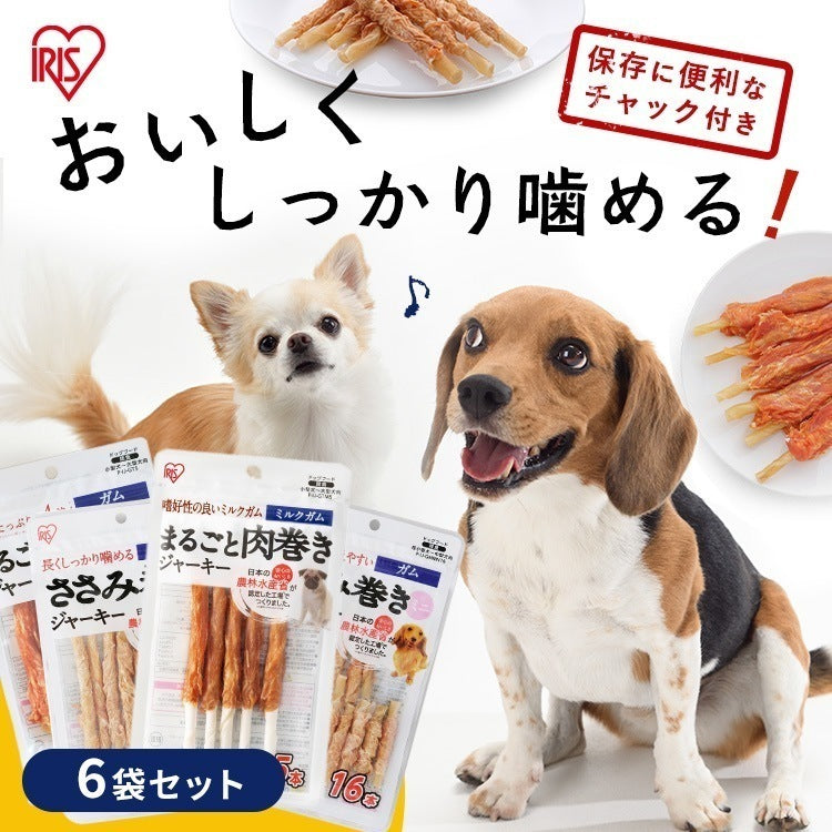 <a href="https://www.qoo10.jp/gmkt.inc/Search/brand.aspx?brandno=49458" target="_blank" class="title_brand" id="btn_brand" title="アイリスオーヤマ">アイリスオーヤマ</a>【6個セット】犬 ジャーキー ソフト おやつ ささみ ガム ミルク 骨型 牛皮 無着色 まるごと肉巻き ミルクガム PIJGTM-5 PIJGT-5 PIJGMMN-16 PIJGMN-8 メガ割