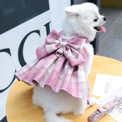 リボンワンピーススタイルがオシャレなハーネスとリードセット！2点セット チェックワンピース 犬 ハーネスリード 小型犬 中型犬 ステップハーネス ウェアハーネス 胸背 ペットウェア 犬用 介護用 首輪