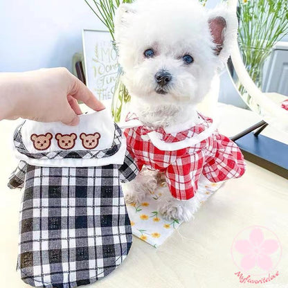 高級な質感 ペット 服 安い犬 春 夏 秋 ギンガム チェック ワンピース くまちゃん 柄 えり かわいい 可愛い ハイブランド 猫 ドッグウェア