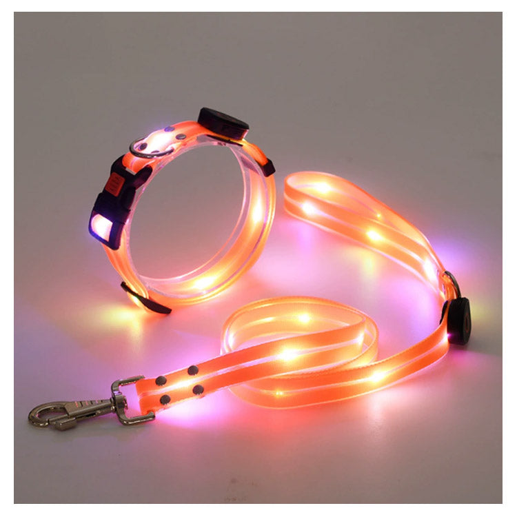 【送料無料】犬 リードセット 光る ペット用 首輪 リード LED光るリード 光る首輪 光るリード　USB充電式 サイズ調整可能 リード長さ120cm 夜間散歩 柔らかい 無臭 夜散歩ライト 軽量 対