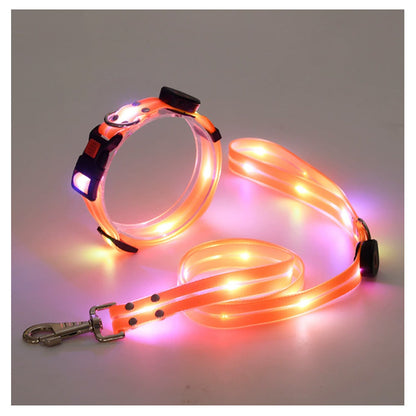 【送料無料】犬 リードセット 光る ペット用 首輪 リード LED光るリード 光る首輪 光るリード　USB充電式 サイズ調整可能 リード長さ120cm 夜間散歩 柔らかい 無臭 夜散歩ライト 軽量 対