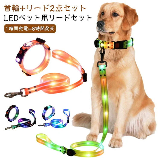 【送料無料】犬 リードセット 光る ペット用 首輪 リード LED光るリード 光る首輪 光るリード　USB充電式 サイズ調整可能 リード長さ120cm 夜間散歩 柔らかい 無臭 夜散歩ライト 軽量 対