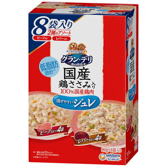 <a href="https://www.qoo10.jp/gmkt.inc/Search/brand.aspx?brandno=18151" target="_blank" class="title_brand" id="btn_brand" title="ユニ・チャーム">ユニ・チャーム</a>グランデリ 国産鶏ささみパウチ ジュレ 成犬用8袋パック ビーフ入り&レバー入り 80g8袋