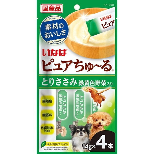 <a href="https://www.qoo10.jp/gmkt.inc/Search/brand.aspx?brandno=77771" target="_blank" class="title_brand" id="btn_brand" title="いなばペットフード">いなばペットフード</a>ピュアちゅ～る 4本入り とりささみ 緑黄色野菜入り