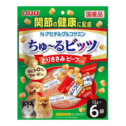 <a href="https://www.qoo10.jp/gmkt.inc/Search/brand.aspx?brandno=77771" target="_blank" class="title_brand" id="btn_brand" title="いなばペットフード">いなばペットフード</a>ちゅ～るビッツ 関節の健康に配慮 とりささみ ビーフ入り 12g×6袋