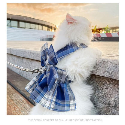 新商品プロモーション，数量限定 犬猫用胸当て＆ハーネス＆リードセット ペット胸当てリード 犬猫用品 ペットグッズ 犬猫リード 胴輪 引きひも チェック柄JK制服 通気性 抜け犬猫用胸当て＆ハーネス