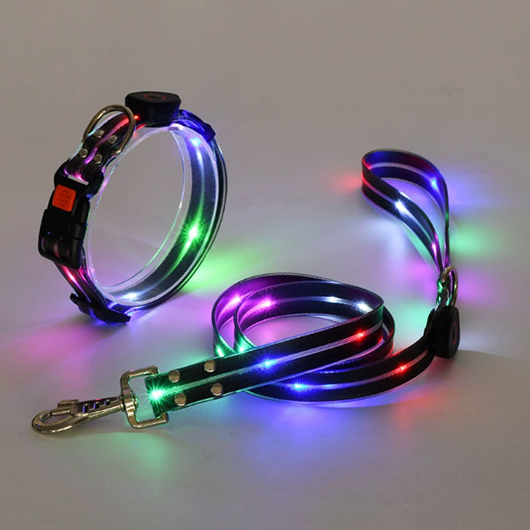 【送料無料】犬 リードセット 光る ペット用 首輪 リード LED光るリード 光る首輪 光るリード　USB充電式 サイズ調整可能 リード長さ120cm 夜間散歩 柔らかい 無臭 夜散歩ライト 軽量 対