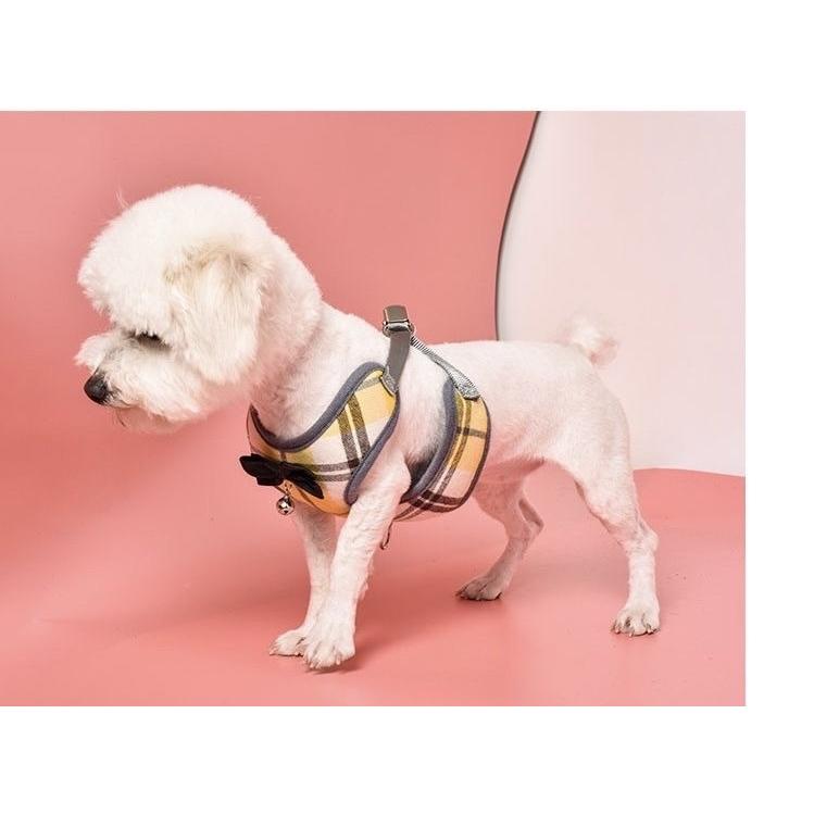 ハーネス リード ２点セット 犬用 猫用 小型犬 ペットウェア ドッグウェア ペット用品 メッシュ ベスト チェック リボン 蝶ネクタイ 鈴 お出かけ