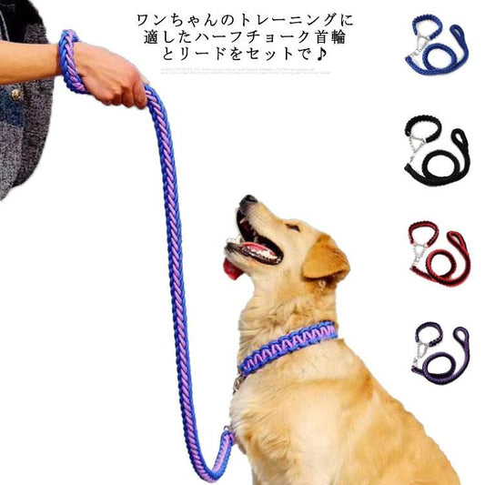 首輪付きリードセット セット ハーフチョーク 全11色×4サイズ XL ＋ しつけ ペット 首輪 犬 中型犬 大型犬 パラコード S M L リード
