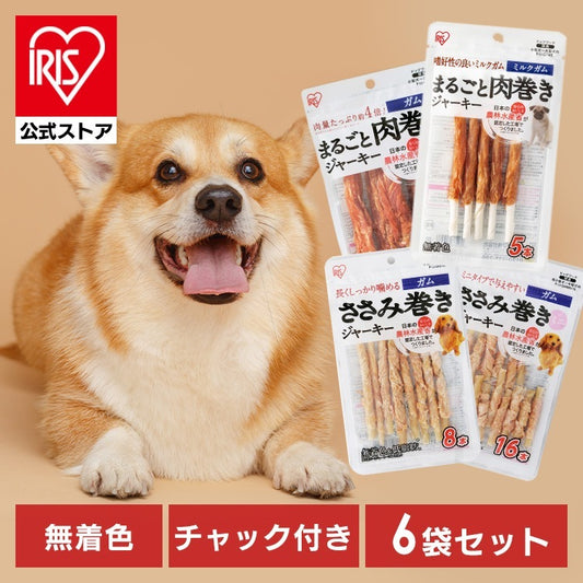 <a href="https://www.qoo10.jp/gmkt.inc/Search/brand.aspx?brandno=49458" target="_blank" class="title_brand" id="btn_brand" title="アイリスオーヤマ">アイリスオーヤマ</a>【6袋セット】犬 ジャーキー ソフト おやつ ささみ ガム ミルク 骨型 牛皮 無着色 まるごと肉巻き ミルクガム ミニ アイリスオーヤマ P-IJ-G メガ割