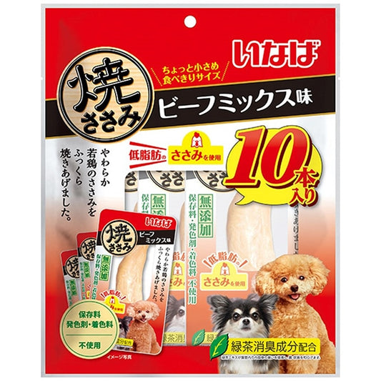 <a href="https://www.qoo10.jp/gmkt.inc/Search/brand.aspx?brandno=77771" target="_blank" class="title_brand" id="btn_brand" title="いなばペットフード">いなばペットフード</a>いなば 焼ささみ ビーフミックス味 10本入り