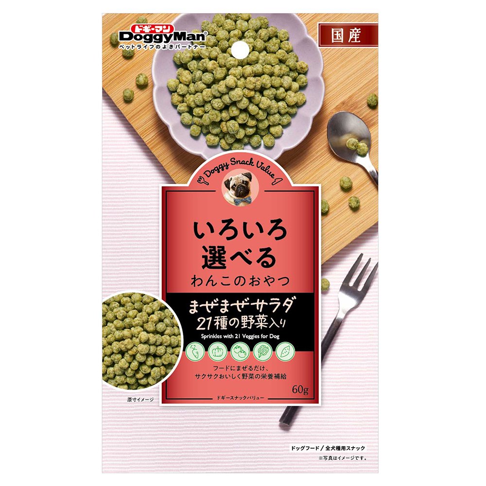 <a href="https://www.qoo10.jp/gmkt.inc/Search/brand.aspx?brandno=25753" target="_blank" class="title_brand" id="btn_brand" title="ドギーマン">ドギーマン</a>ドギースナックバリュー　まぜまぜサラダ　２１種の野菜入り　６０ｇ　犬　おやつ　ＣＲＣ45―14―80―07―00