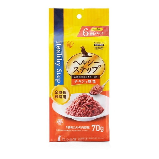 <a href="https://www.qoo10.jp/gmkt.inc/Search/brand.aspx?brandno=49458" target="_blank" class="title_brand" id="btn_brand" title="アイリスオーヤマ">アイリスオーヤマ</a>HRCV706 ヘルシーステップレトルト ドッグフード (チキンと野菜 70g×6P 全成長段階用)