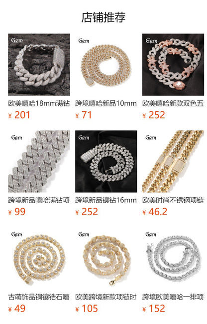 个性嘻哈20mm翻盖扣项链男古巴镶双排锆石时尚霸气轻奢潮牌项链