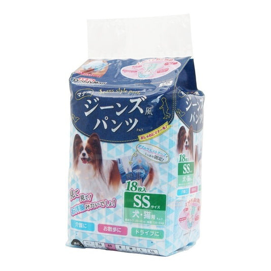 <a href="https://www.qoo10.jp/gmkt.inc/Search/brand.aspx?brandno=25753" target="_blank" class="title_brand" id="btn_brand" title="ドギーマン">ドギーマン</a>ジーンズ風パンツ SS 18枚 [犬猫用マナーパンツ]