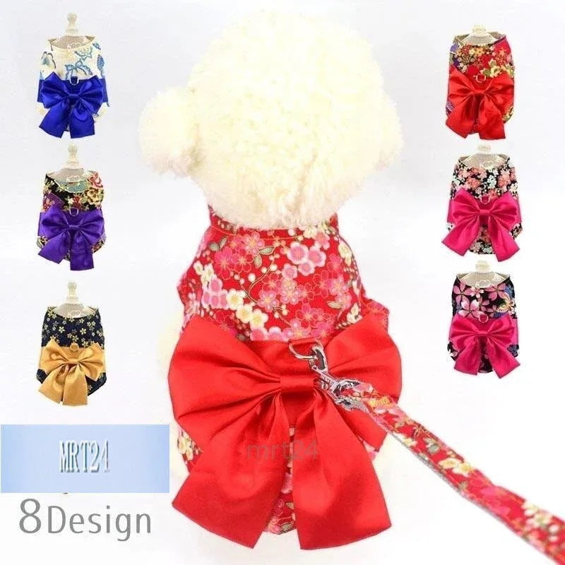 ドッグウェア 犬服 リード付き 着物風 和服風 和風 花柄 桜 薔薇 蝶 チョウ リボン帯 レトロ