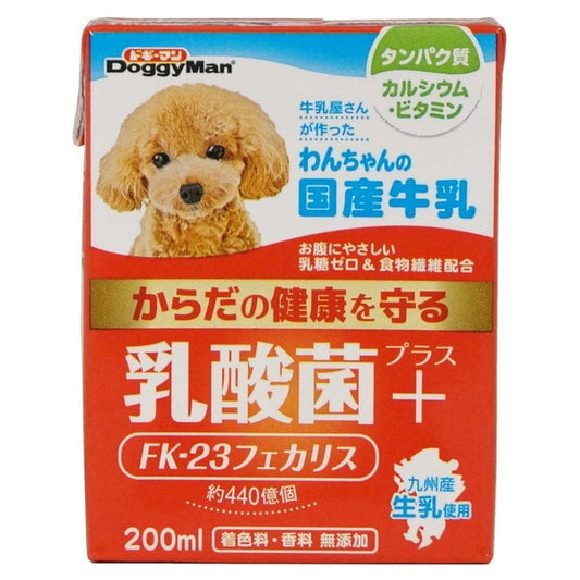 <a href="https://www.qoo10.jp/gmkt.inc/Search/brand.aspx?brandno=25753" target="_blank" class="title_brand" id="btn_brand" title="ドギーマン">ドギーマン</a>わんちゃんの国産牛乳 乳酸菌プラス 200ml
