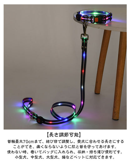 【送料無料】犬 リードセット 光る ペット用 首輪 リード LED光るリード 光る首輪 光るリード　USB充電式 サイズ調整可能 リード長さ120cm 夜間散歩 柔らかい 無臭 夜散歩ライト 軽量 対
