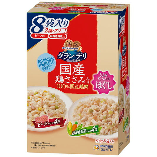 <a href="https://www.qoo10.jp/gmkt.inc/Search/brand.aspx?brandno=18151" target="_blank" class="title_brand" id="btn_brand" title="ユニ・チャーム">ユニ・チャーム</a>グランデリ 国産鶏ささみパウチ ほぐし 成犬用8袋パック ビーフ入り&緑黄色野菜入り 80g8袋