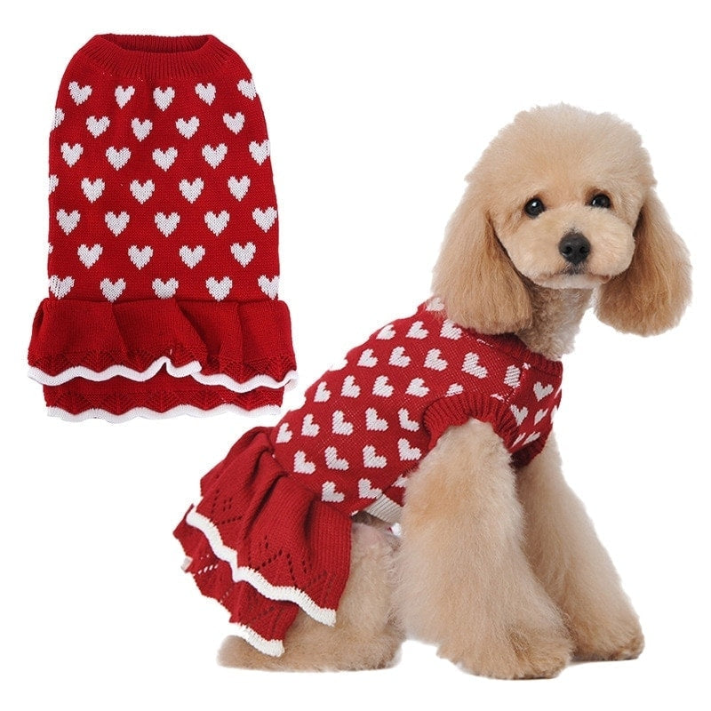 人気 可愛い ペット服 秋冬暖かいレッドピンクハート犬の服セータースカート休日クリスマス新年ペット服