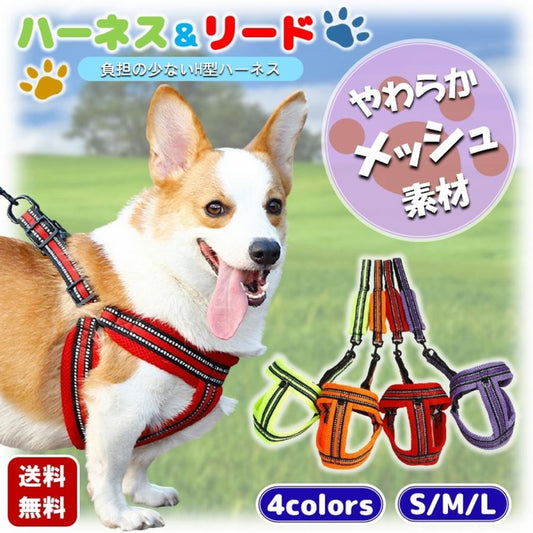 犬 ハーネスリード H型 リード付 ハーネス 犬用 首輪 小型犬 セット 胴輪 反射材