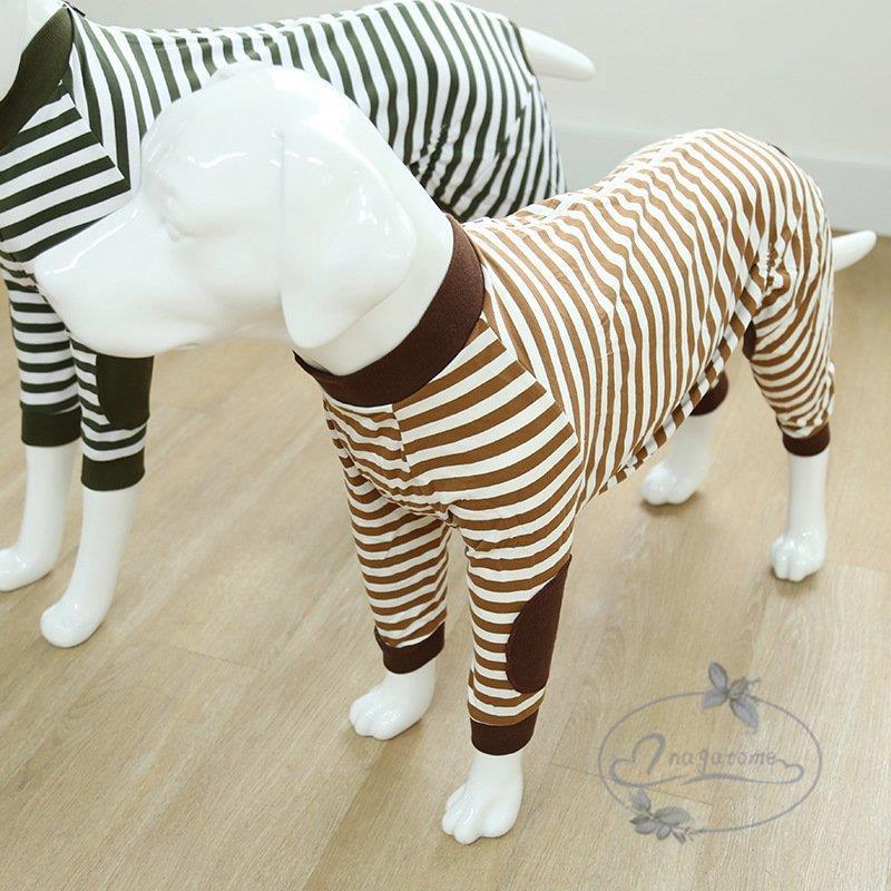 工ガ割-大型犬向け 犬服 ドッグウェア つなぎ カバーオール 背面ジッパータイプ ボーダーロンパース つなぎ パジャマ 抜け毛防止 部屋着 ペット服