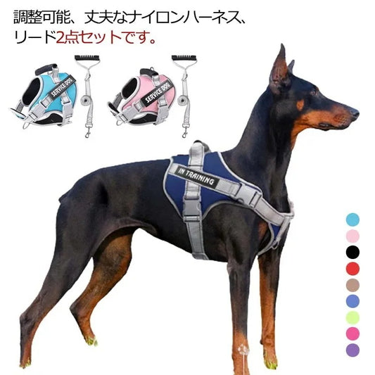 ハーネスリードセット 引っ張り防止 胴輪 犬 リード 脱出防止 簡単装着 ハーネス ハーネス 小型犬 中型犬 大型犬 超大型犬 お出かけ 2点セット 夜間反射 ハンドル付 裏地メッシュ ソフト ナイロ