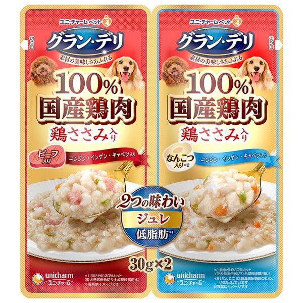 <a href="https://www.qoo10.jp/gmkt.inc/Search/brand.aspx?brandno=18151" target="_blank" class="title_brand" id="btn_brand" title="ユニ・チャーム">ユニ・チャーム</a>グランデリ パウチ 2つの味わい成犬用ジュレ ビーフ&なんこつ 30g2